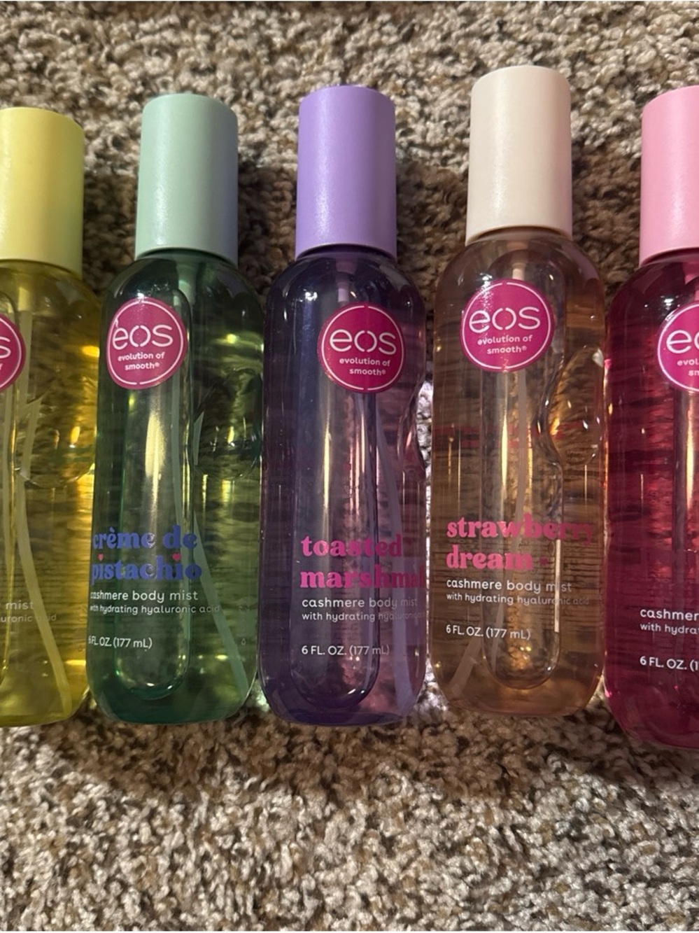eos Cashmere Body Mist Trio — Yellow, Green, Purple, Cream, Pink Caps